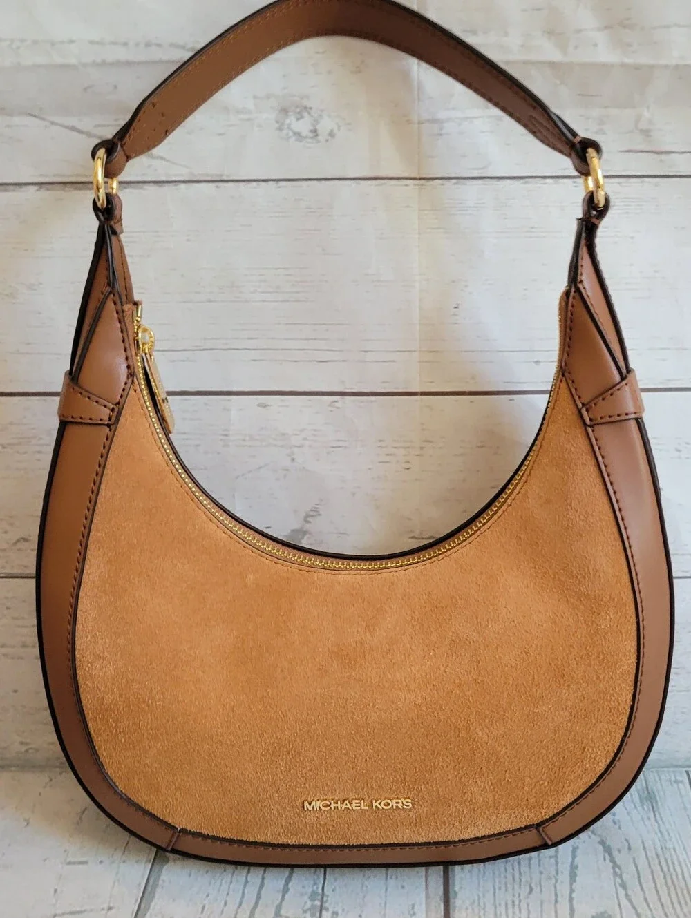 Michael Kors Tan Preston Suede and Leather Crescent Shoulder Bag - Picture 2 of 9
